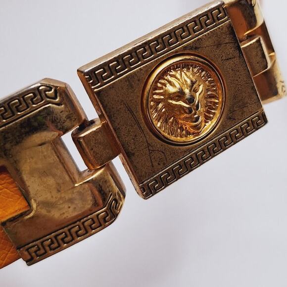 Wild West Belt Ostrich Leather Lion Greek Key Meander Yellow Gold Western 38 USA - Picture 1 of 13